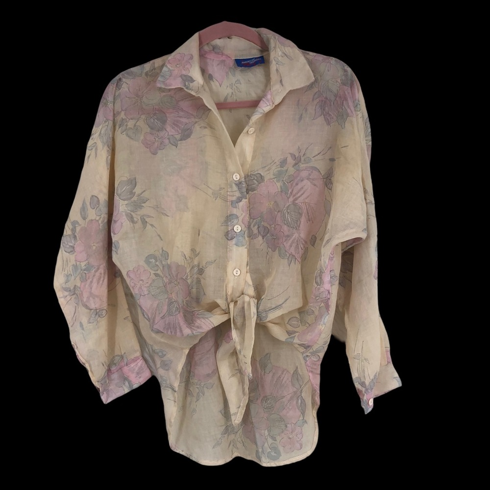 VTG American Thunder Floral Sheer Tie Front Blouse, 1980s-90s, Butterfly Arms M